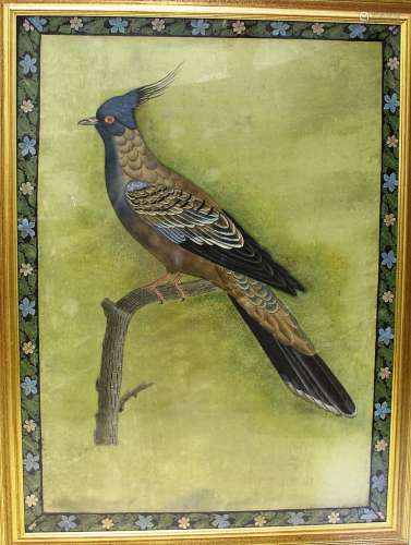 Chinese school,jay perched on a branch within a floral border, colours on silk,