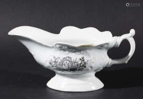 Worcester sauce boat,circa 1755, black or bat printed with a squirrel in a
