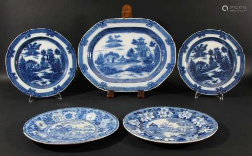 Blue transfer printed pearlware platter,in the buffalo pattern, length 36cm;