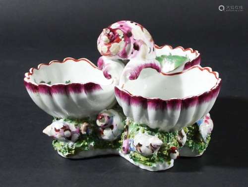 Cookworthy plymouth style triple shell salt,each shell painted with an exotic