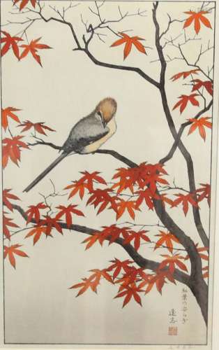 Toshi yoshida,the tranquil maple, japanese woodblock print, signed in pencil to