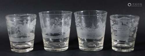 Pair of glass tumblers,19th century, of bucket form, engraved with hunting