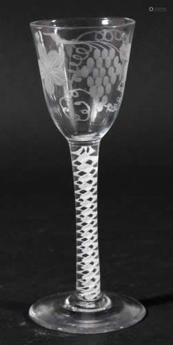 English wine glass,circa 1770, the rounded funnel bowl engraved with fruiting