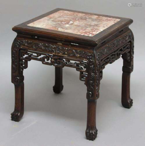 Chinese rosewood and marble inset stand or table,the square top with rose
