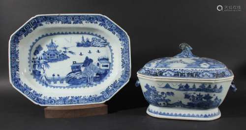 Chinese blue and white tureen and cover,late 18th century, painted with an