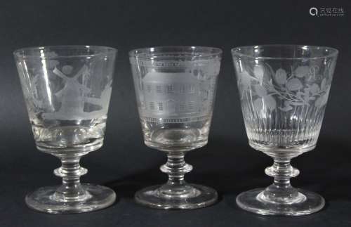 Three similar english glass goblets,19th century, with bucket bowls, knopped