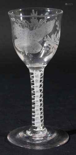 English wine glass,circa 1770, the ogee bowl with slight lip, engraved with a