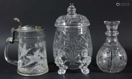Stourbridge glass vase and cover,of ovoid form, engraved with dragonflies