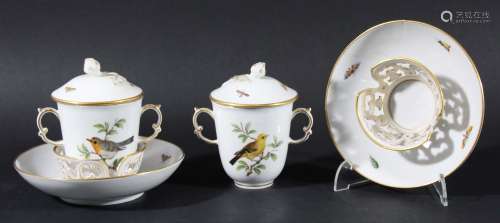 Pair of meissen style chocolate cups, covers and trembleuse saucers,painted