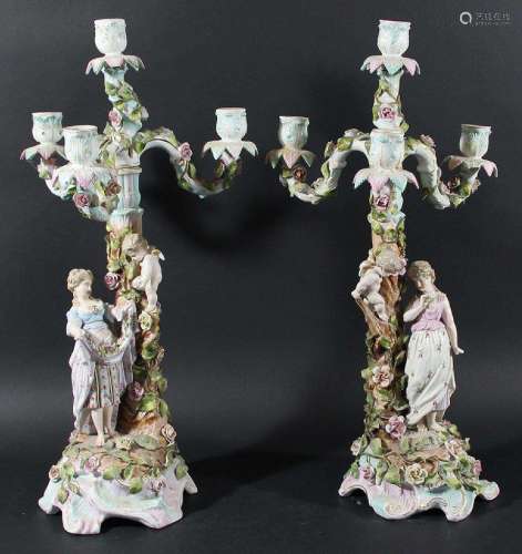 Pair of sitzendorf four light candelabra,modelled as classical maidens and