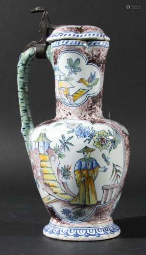 Delft flagon or ewer,late 18th or 19th century, of baluster form with trefoil