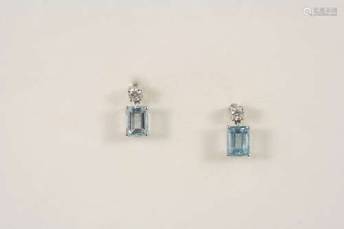 A pair of aquamarine and diamond drop earrings