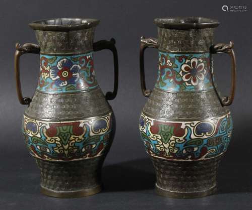 Pair of chinese bronze and champleve vases,of archaistic two handled baluster