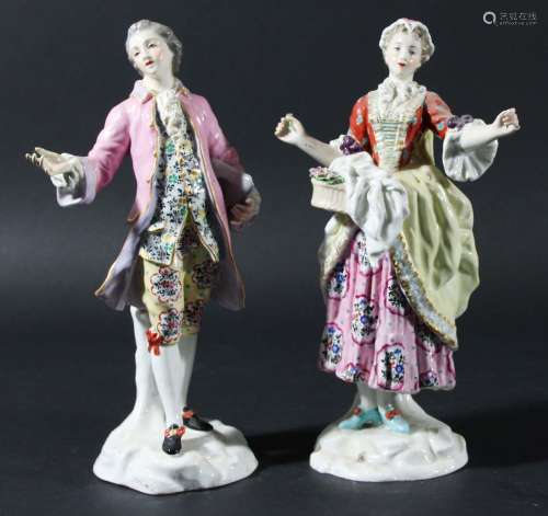 Pair of chelsea style figures,19th century, of a beau and his lady, gold anchor