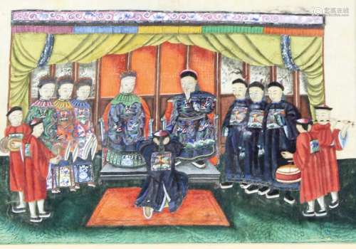 Chinese pith painting,of an emperor and empress enthroned in a tent with