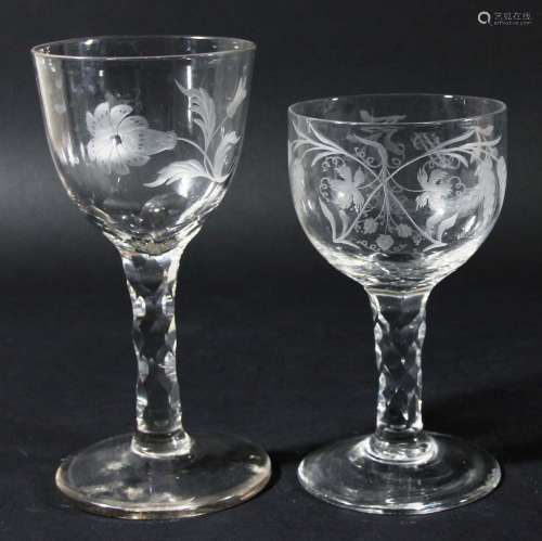 Wine glass,possibly late 18th century, the ogee bowl engraved with flowers and
