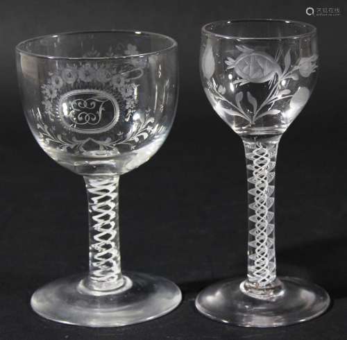 English wine glass,circa 1790, the ovoid bowl engraved with a rose and pheasant