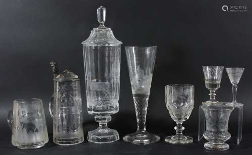 Collection of bohemian engraved clear glass,19th and 20th century, to include a