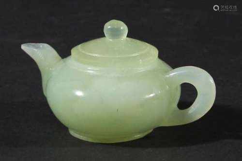 Chinese celadon jade miniature teapot and cover,of squat ovoid form, length 9cm