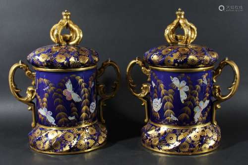 Pair of masons ironstone style two handled vases and covers,early/mid 19th