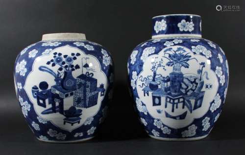Pair of chinese blue and white ginger jars and one cover,kangxi style but