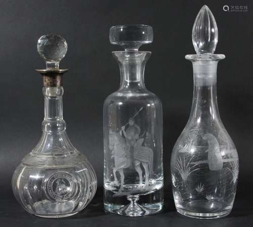 Silver mounted globe and shaft decanter and stopper,with faceted neck and body,