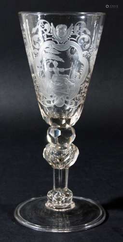 Glass goblet,18th century, the rounded funnel bowl engraved with a lady in a