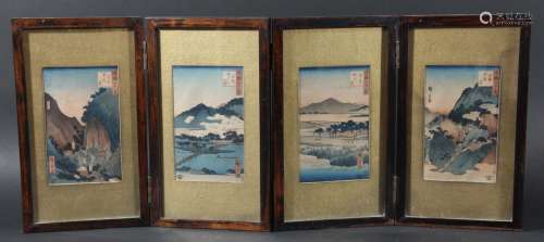 Japanese four fold table screen,each mounted with a woodblock print of a