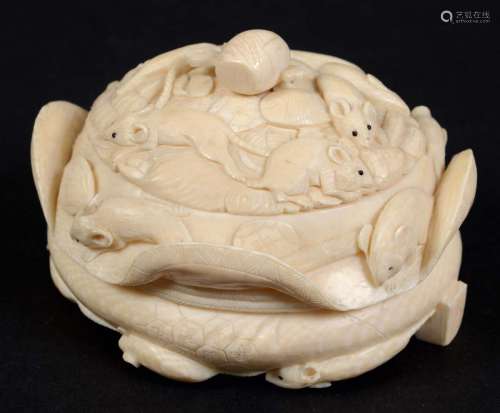 Japanese ivory box and cover,meiji, carved as rats climbing over a basket,