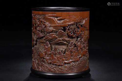 A BAMBOO CARVED FIGURE PATTERN BRUSH POT