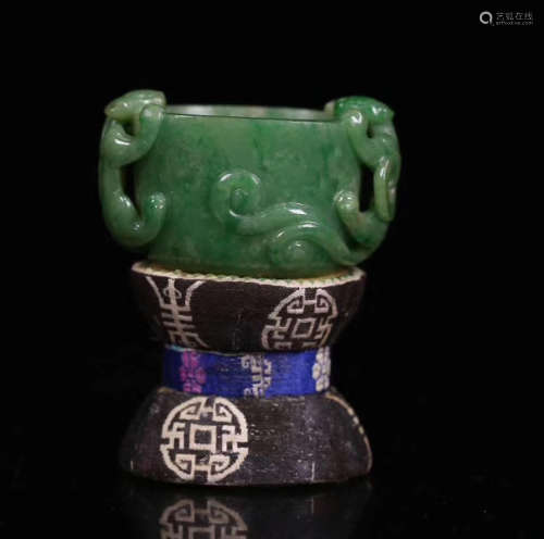 A JADEITE CASTED DRAGON PATTERN CUP WITH BASE