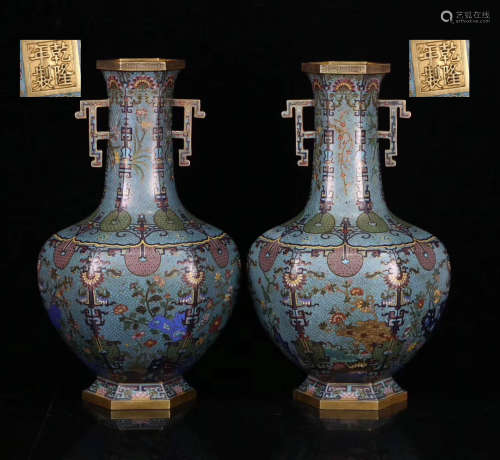 PAIR CLOISONNE WRAPPED FLORAL PATTERN VASE