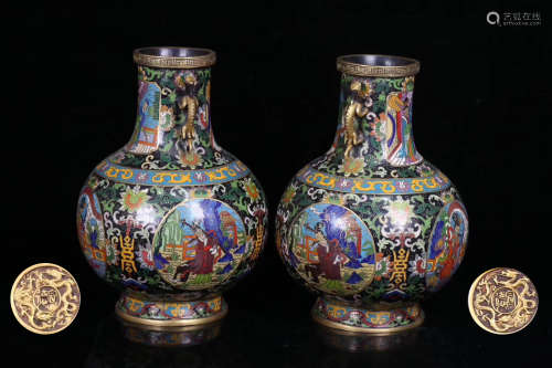 PAIR CLOISONNE WRAPPED CHARACTER PATTERN VASE