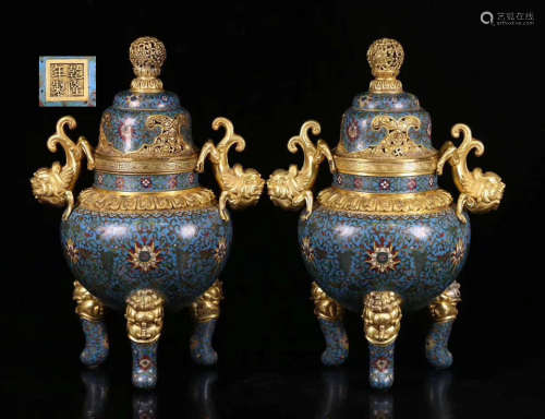 PAIR CLOISONNE WRAPPED FLORAL PATTERN TRIPOD CENSER