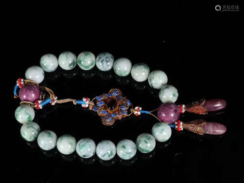 AN OLD JADEITE BEADS GILT SILVER BRACELET