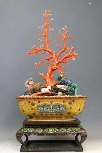 A CORAL AND STONE DECORATED FLOWER POT ORNAMENT