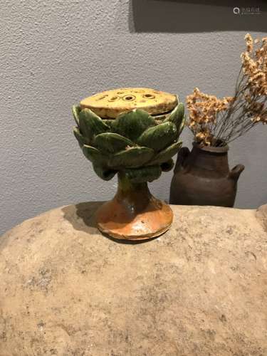 A POTTERY MOLDED LOTUS SHAPED CENSER