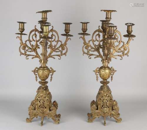 Two large 19th century five-light brass historicism