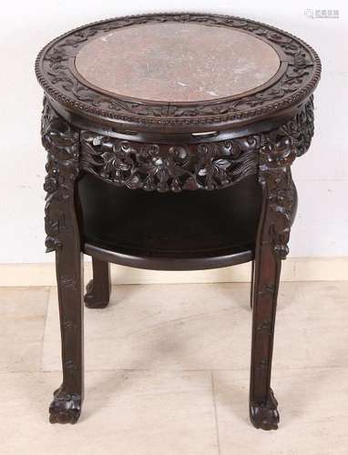 Old Chinese wood-stained hocker with floral decors,