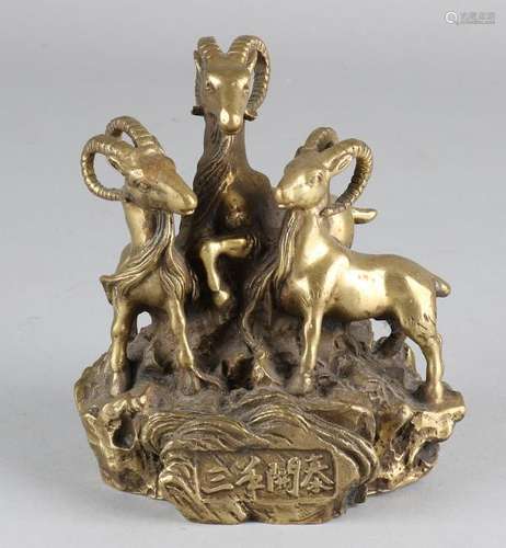 Ancient Chinese signed bronze sculpture. Three ibexes