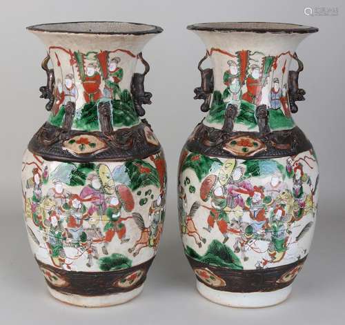 Two antique Nanking vases with floor mark, warriors,