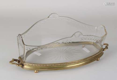 Beautiful antique crystal bowl on brass base. Faceted.