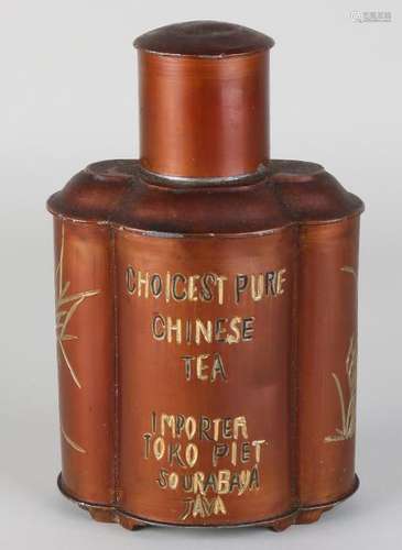 Antique Chinese hand-painted pewter tea caddy. Circa