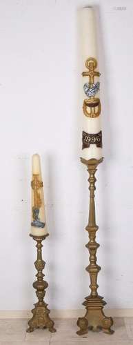 Two large bronze ecclesiastic candle candlesticks with