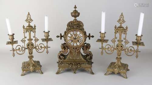 Antique French bronze historicism clock set with enamel