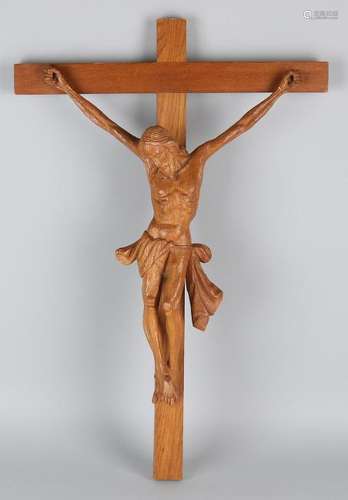 Old oak wooden Holy cross with carved signed Corpus