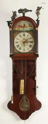 Antique oak Frisian tail clock with alarm clock. Circa