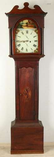 Antique English mahogany standing clock with intarsia.