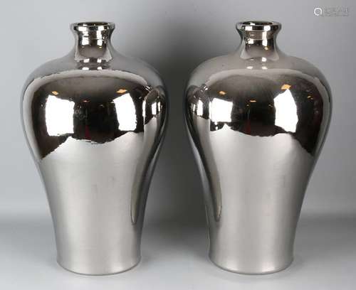 Two large Chinese porcelain vases with silver colored