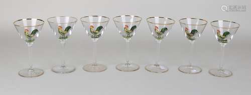 Seven old glass lawyer glasses with roosters decor and